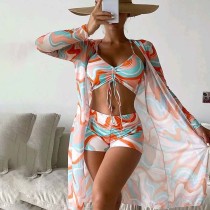 Women 3 Piece Color Prints Drawstring Knot Shorts Kimono Cover Up Bikini Swimsuit