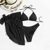 Women 3 Piece Solid Color Triangle Halter Side Knot Skirt Cover Up Bikini Swimsuit