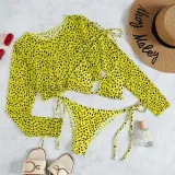 Women 3 Piece Leopard Prints Triangle Brassiere Side Tie Long Sleeve Tankini Cover Up Bikini Swimsuit