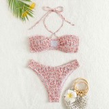 Women Two Pieces Floral Ruched Cirss Cross Halter Cut Out Bikini Swimsuit