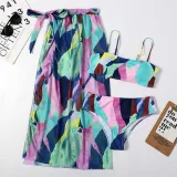 Women 3 Piece Watercolor Printing Tie Dye Sling Bandeau Cover Up Kimonos Bikini Swimsuit