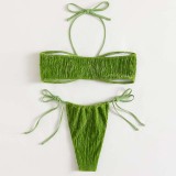 Women Two Pieces Drawstring Ruched Bandeau Halter Side Tie Green Bikini Swimsuit