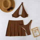 Women 3 Piece Cut Out One Shoulder High Cut Skirt Cover Up Bikini Swimsuit