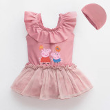 Girls Bathing Suits Cartoon Pigs With Balloons One Piece Lace Collar Swimsuits