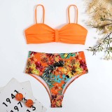 Women Two Pieces Drawstring Ruched Bandeau Flower Prints Tummy Control Multiway Bikini Swimsuit