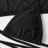 Women 3 Piece Triangle Brassiere Halter Ring Linked High Cut Mesh Tankini Cover Up Bikini Swimsuit