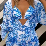 Women 3 Piece Tropical Triangle Halter Cover Up Kimonos Bikini Swimsuit
