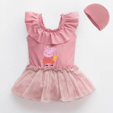 Girls Bathing Suits Cartoon Pig With Toy One Piece Lace Collar Swimsuits