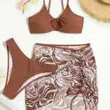 Women 3 Piece Solid Color Ring Linked Plunging High Cut Cover Up Mesh Skirt Bikini Swimsuit
