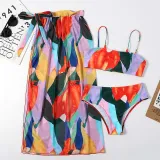 Women 3 Piece Watercolor Printing Tie Dye Sling Bandeau Cover Up Kimonos Bikini Swimsuit