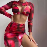 Women 3 Piece Tie Dye Triangle Halter Cover Up Tankini Skirts Bikini Swimsuit