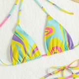 Women 3 Piece Tie Dye Criss Cross Halter Color Block Cover Up Skirts Bikini Swimsuit