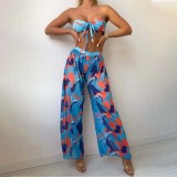Women 3 Piece Color Block Tie Dye Bandeau Bowknot Halter High Cut Cover Up Pants Bikini Swimsuit