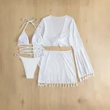 Women 4 Piece Bandeau Criss Cross Triangle Halter Bowknot Halter Cover Up Tassel Tops and Skirt Bikini Swimsuit