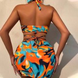 Women 3 Piece Criss Cross Halter Cut Out Tie Dye Cover Up Skirt Bikini Swimsuit