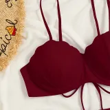 Women Two Pieces Push Up Solid Color Drawstring Side Knot Bikini Swimsuit