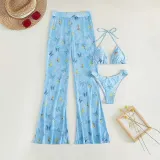 Women 3 Piece Butterfly Triangle Halter High Cut Cover Up Pants Bikini Swimsuit