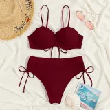 Women Two Pieces Push Up Solid Color Drawstring Side Knot Bikini Swimsuit