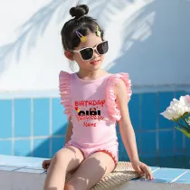 Girls Bathing Suits Cartoon Mouse Birthday Name Custom One Piece Ruffled Cuff Swimsuits