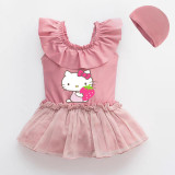 Girls Bathing Suits Cartoon Cat With Strawberry One Piece Lace Collar Swimsuits