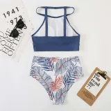 Women Two Pieces Halter Tankini Top Palm Leaves Tropical High Waist Bikini Swimsuit