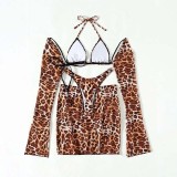 Women Two Piece Leopard Prints Long Sleeve Triangle Drawstring Halter Skirt Cover Up Bikini Swimsuit