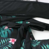 Women 3 Piece Sweetheart Criss Cross High Waist Cover Up Tropical Kimono Bikini Swimsuit