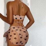 Women 3 Piece Heart Ring Linked Plunging Cover Up Heart Prints Mesh Skirt Bikini Swimsuit