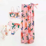 Women 3 Piece Flower Prints Ruched Bowknot Cover Up Skirt Bikini Swimsuit