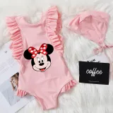 Girls Bathing Suits Cartoon Mouse Head With Bow Tie One Piece Ruffled Cuff Swimsuits