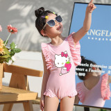 Girls Bathing Suits Cartoon Cat With Strawberry One Piece Ruffled Cuff Swimsuits