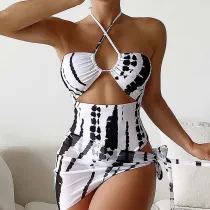 Women Two Piece Tie Dye Drawstring Cut Out Halter Cover Up Knot Kimonos Bikini Swimsuit