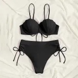 Women Two Pieces Push Up Solid Color Drawstring Side Knot Bikini Swimsuit