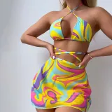 Women 3 Piece Tie Dye Criss Cross Halter Color Block Cover Up Skirts Bikini Swimsuit