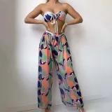 Women 3 Piece Color Block Tie Dye Bandeau Bowknot Halter High Cut Cover Up Pants Bikini Swimsuit