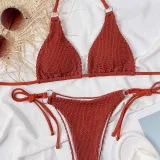 Women Two Pieces Ring Linked Halter Triangle Tie Side Bikini Swimsuit