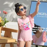 Girls Bathing Suits Cartoon Pig Birthday Name Custom One Piece Ruffled Cuff Swimsuits