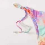 Women 3 Piece Tie Dye Drawstring Triangle Halter Side Tie Cover Up Kimonos Bikini Swimsuit