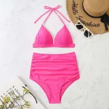 Women Two Pieces Halter Triangle Brassiere Ruched High Waist Bikini Swimsuit