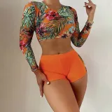 Women Two Piece Long Sleeve Flower Prints Back Lace Up Tankini and Shorts Bikini Swimsuit