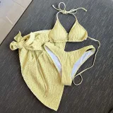 Women 3 Piece Solid Color Triangle Halter Side Knot Skirt Cover Up Bikini Swimsuit