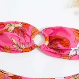 Women Two Pieces Bandeau Ring Linked Plunging Flower Prints High Cut Bikini Swimsuit