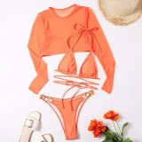 Women 3 Piece Triangle Brassiere Halter Ring Linked High Cut Mesh Tankini Cover Up Bikini Swimsuit