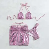 Women 3 Piece Ring Linked Plunging Serpentine Halter Cover Up Drawstring Skirt Bikini Swimsuit