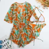 Women 3 Piece Tropical Triangle Halter Cover Up Kimonos Bikini Swimsuit