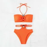 Women Two Pieces Solid Color Ring Linked Plunging Bandeau High Cut Bikini Swimsuit