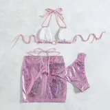 Women 3 Piece Ring Linked Plunging Serpentine Halter Cover Up Drawstring Skirt Bikini Swimsuit