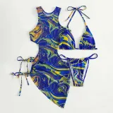Women 3 Piece Ombre Triangle Halter Side Lace Up Dress Cover Up Bikini Swimsuit