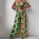 Women 3 Piece Color Block Tie Dye Bandeau Bowknot Halter High Cut Cover Up Pants Bikini Swimsuit
