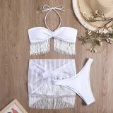 Women Two Piece Ruched Tassel Halter High Cut Cover Up Mesh Skirt Bikini Swimsuit